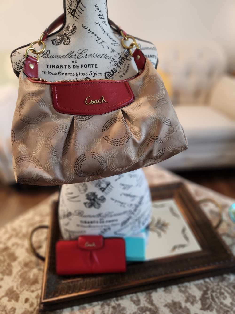 Coach Beige Signature Canvas Shoulder Bag with Red Leather Trim